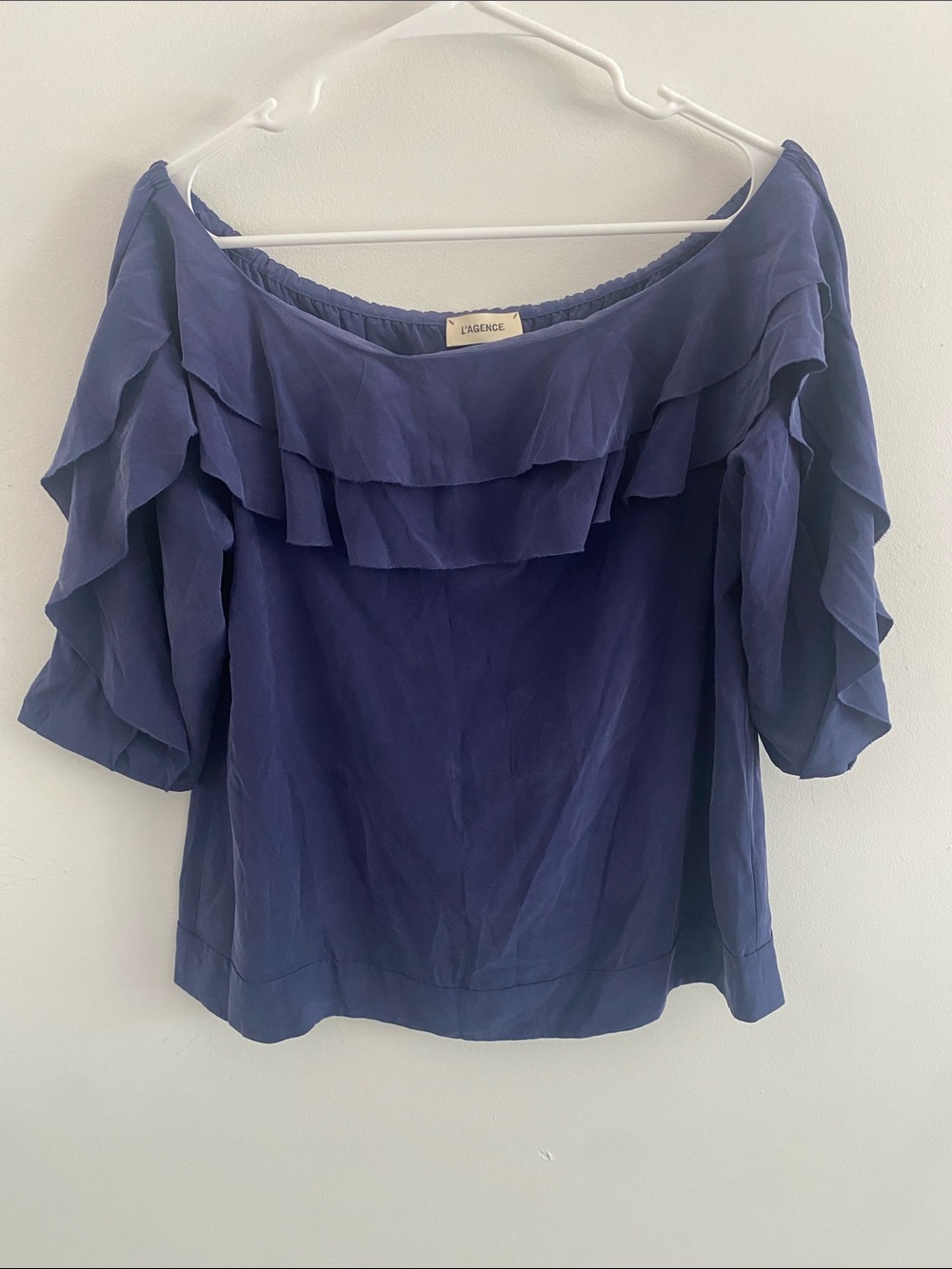 L'Agence Revolve Monroe Silk Off the Shoulder Ruffle Blouse Top Navy Blue SMALL